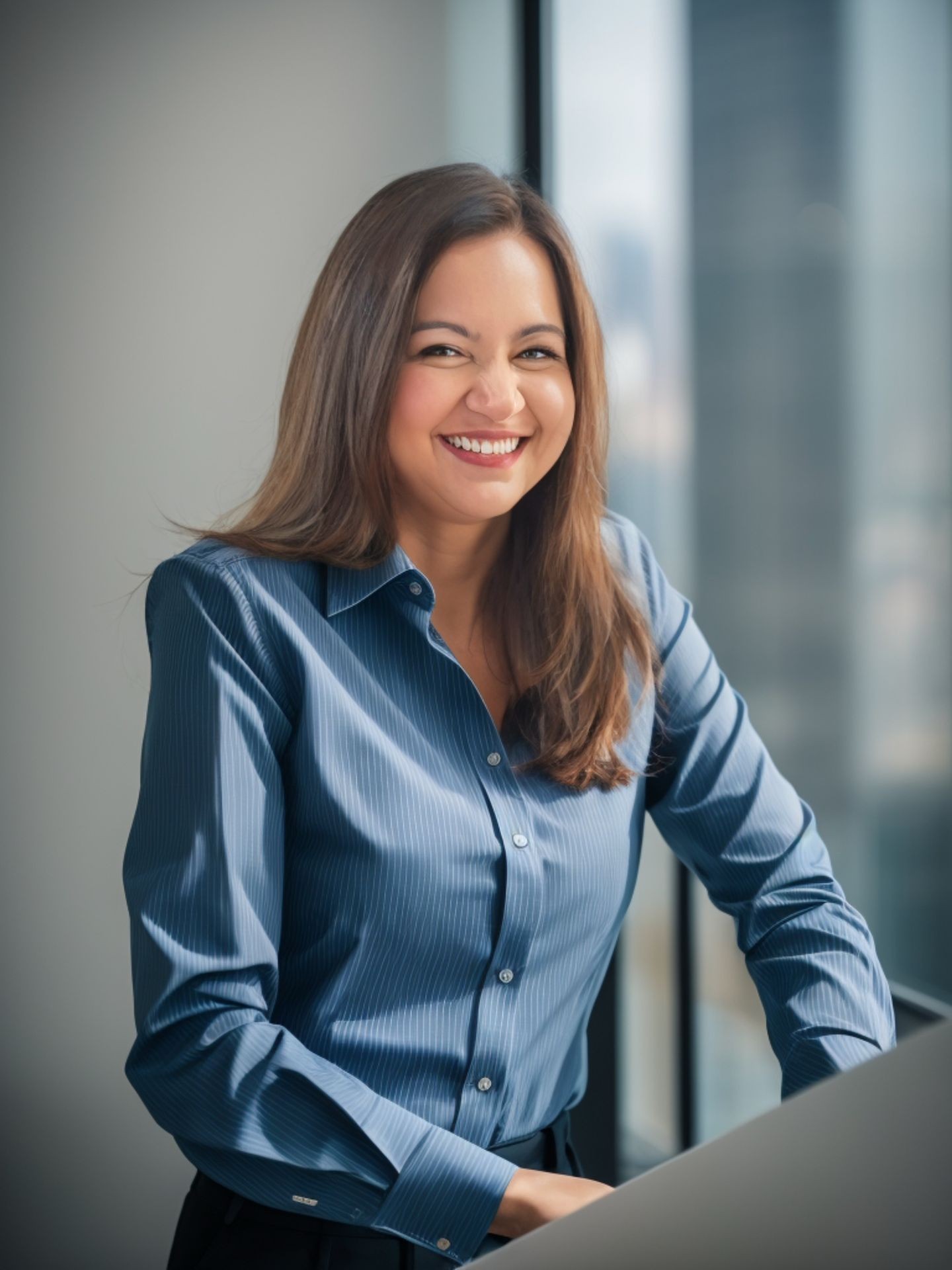 Smiling person standing by a window in an office, wearing a blue shirt.